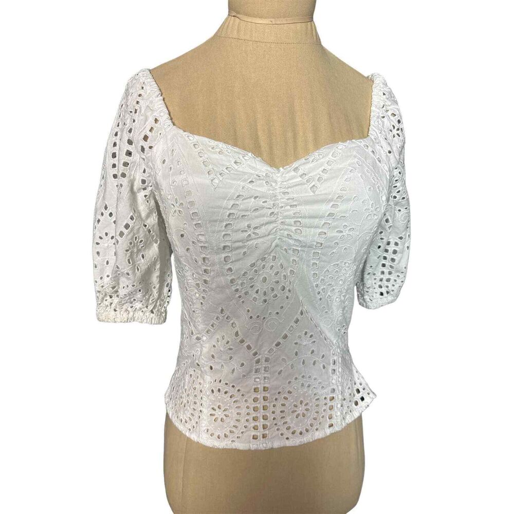 H&M White Eyelet Cotton Peasant Boho Cropped Blouse Size XXS